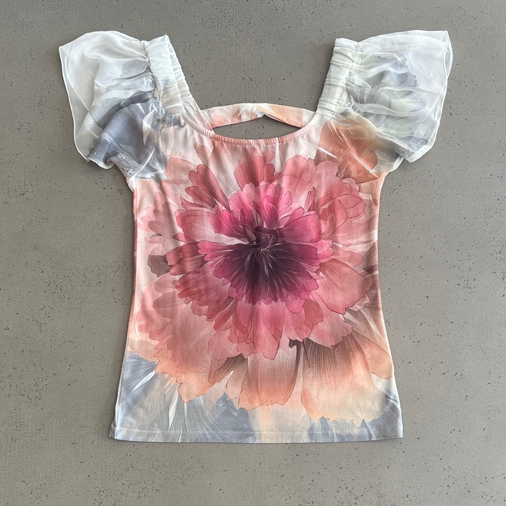 Pink and Gray Flutter Sleeve Ruffled Blouse